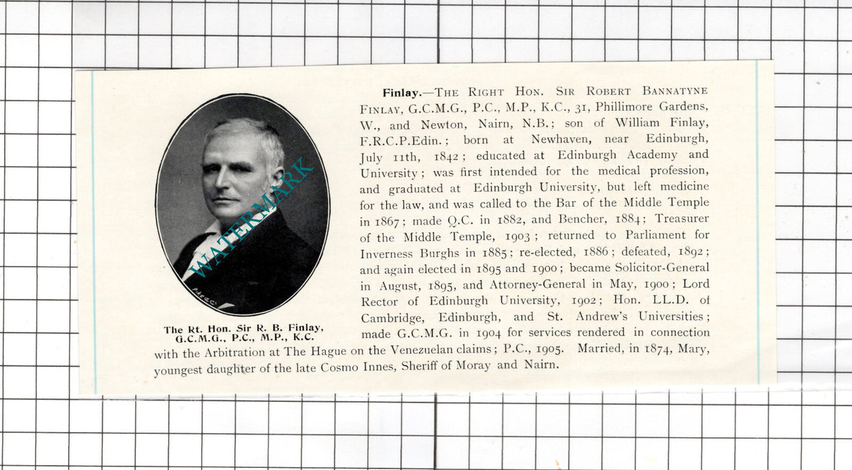 The Right Hon Sir Robert Bannatyne Finlay Newton Nairn- 1905 Clipping