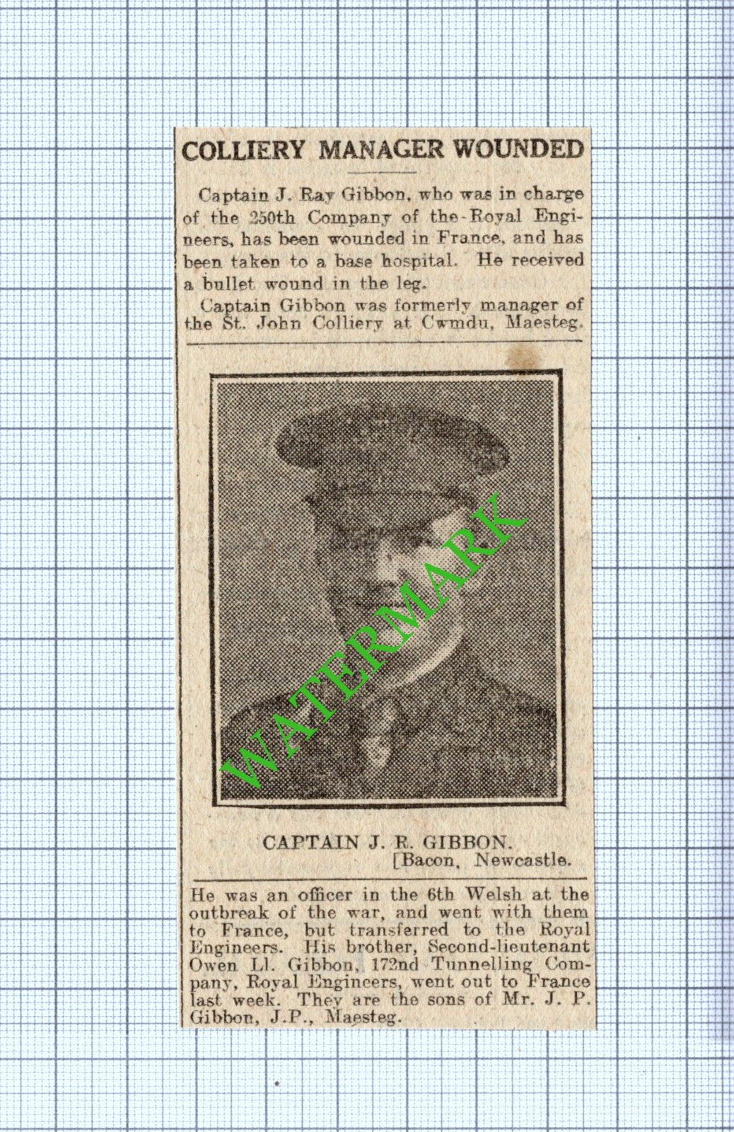 Cpt J Ray Gibbon  Royal Engineers St John Colliery Cwmdu - 1916 News Cutting