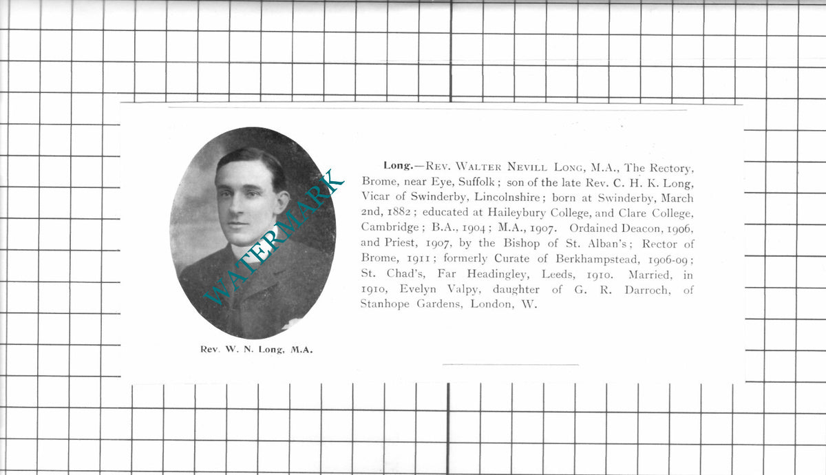 Rev Walter Nevill Long Brome Suffolk   - 1911 Clipping / Print