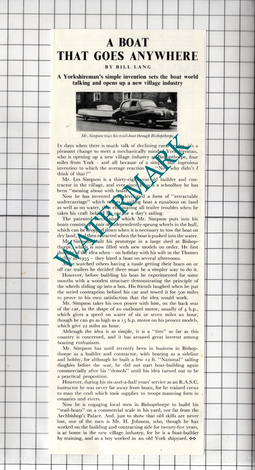 Mr Les Simpson Bishopthorpe York - 1957 Clipping
