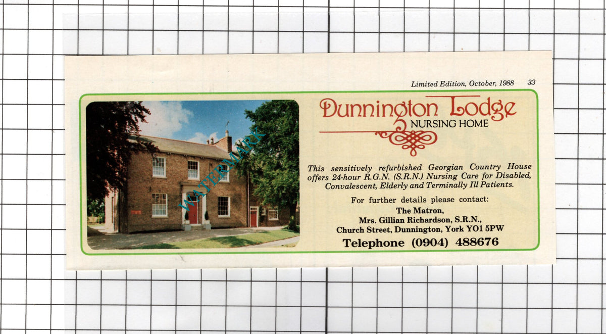 Dunnington Lodge Nursing Home York Mrs Gillian Richardson - 1988 Small Advert