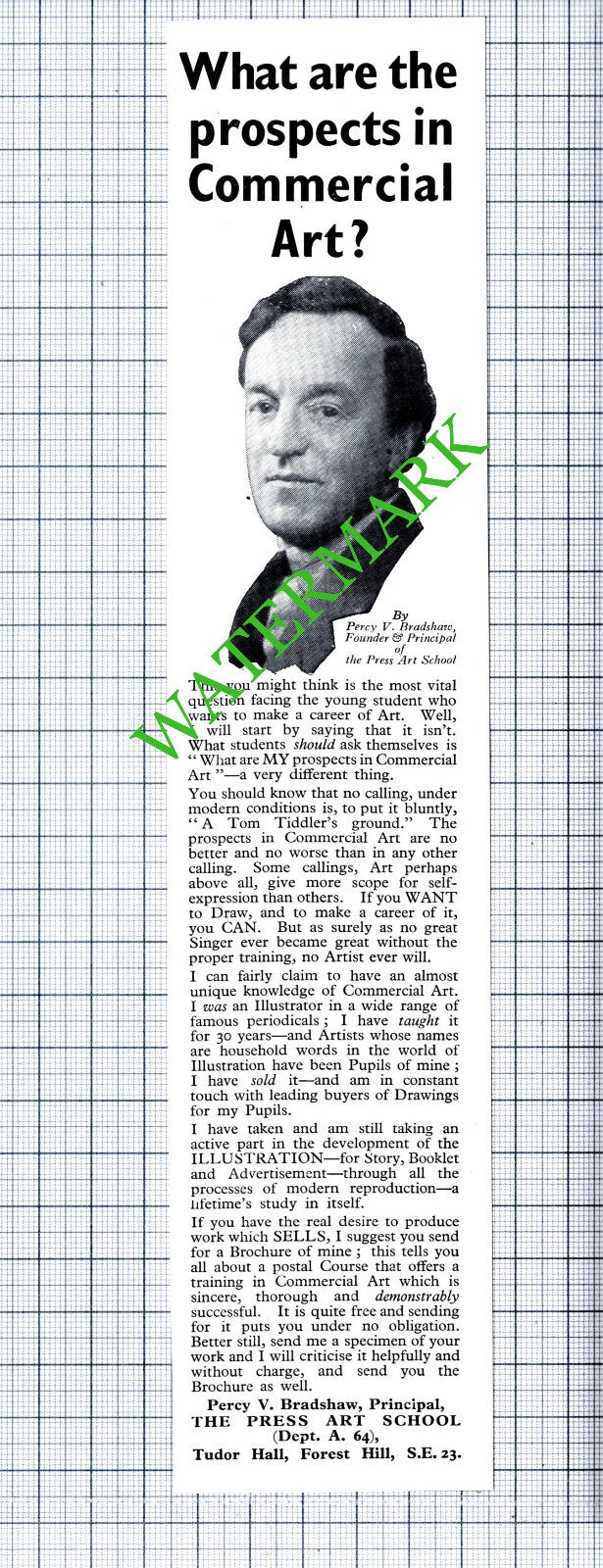 Percy V Bradshaw The Press Art School London Advert - 1930s Cutting / Print
