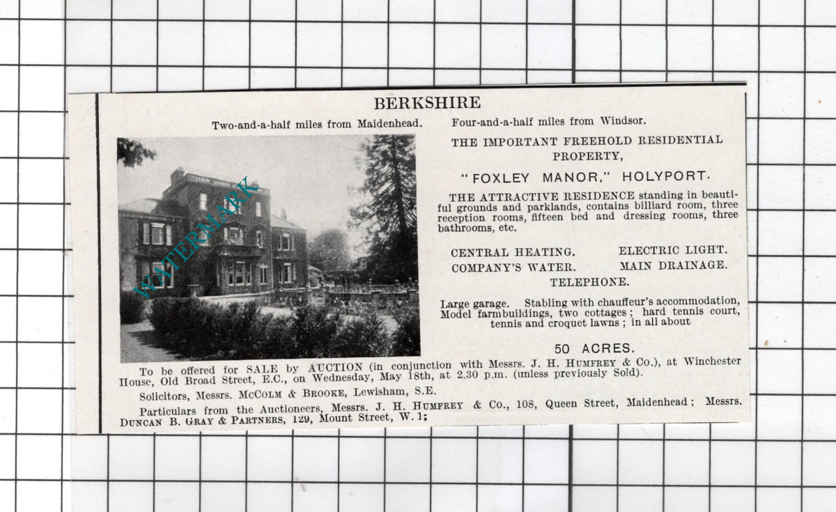 Foxley Manor Holyport Berkshire - 1927 Small House Sale Advert