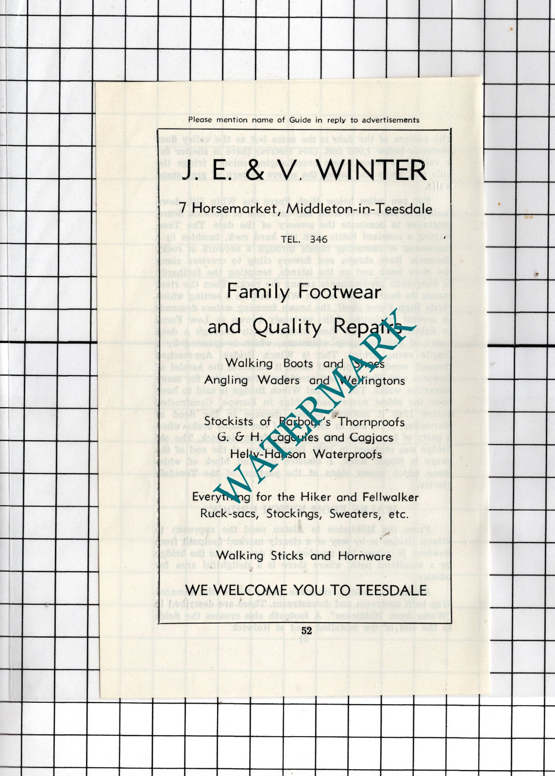 J E & V Winter 7 Horsemarket Middleton-in-Teesdale -c.1977 Small Advert