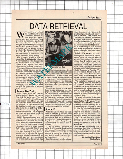 Brent Spiner Data Star Trek - 1989 Article