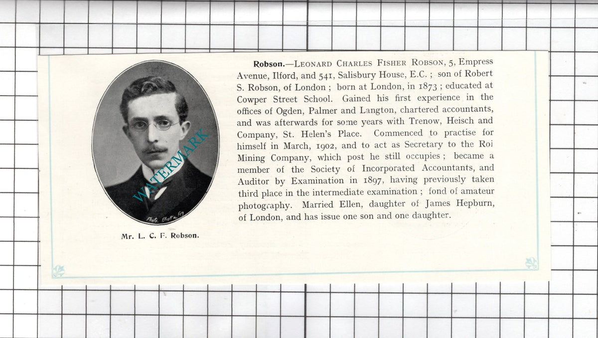 Mr Leonard Charles Fisher Robson 5 Empress Avenue Ilford  - c.1905 Clipping