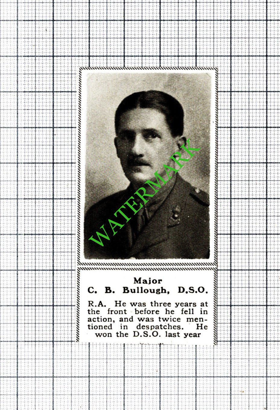 Major C B Bullough RA Royal Artillery Great War WW1 - 1918 SMALL Cutting