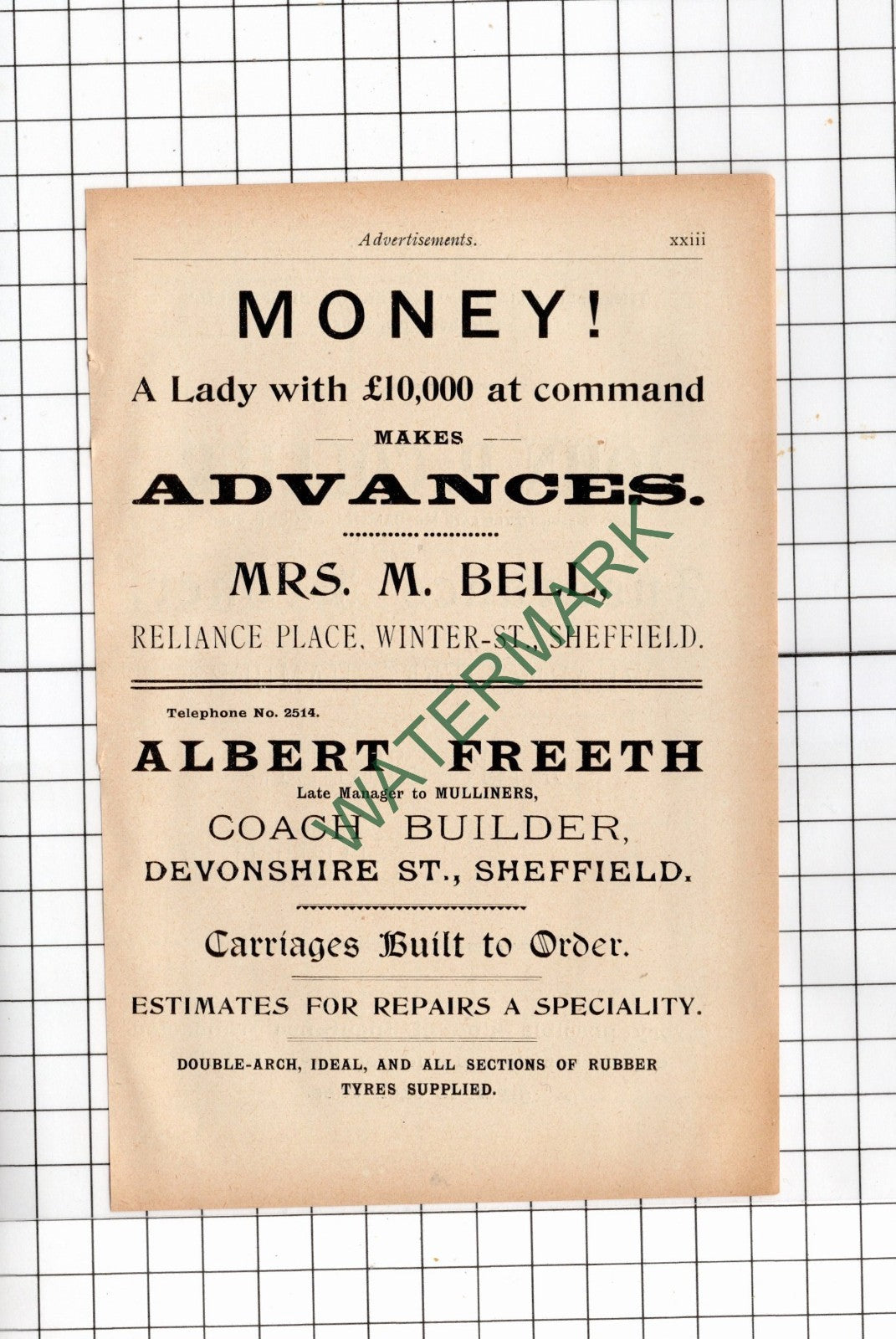 Mrs M Bell Sheffield Money Lender / Albert Freeth / John Collier - 1902  Advert