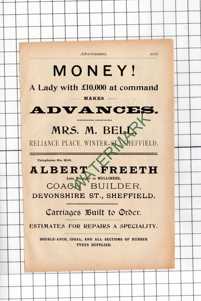 Mrs M Bell Sheffield Money Lender / Albert Freeth / John Collier - 1902  Advert