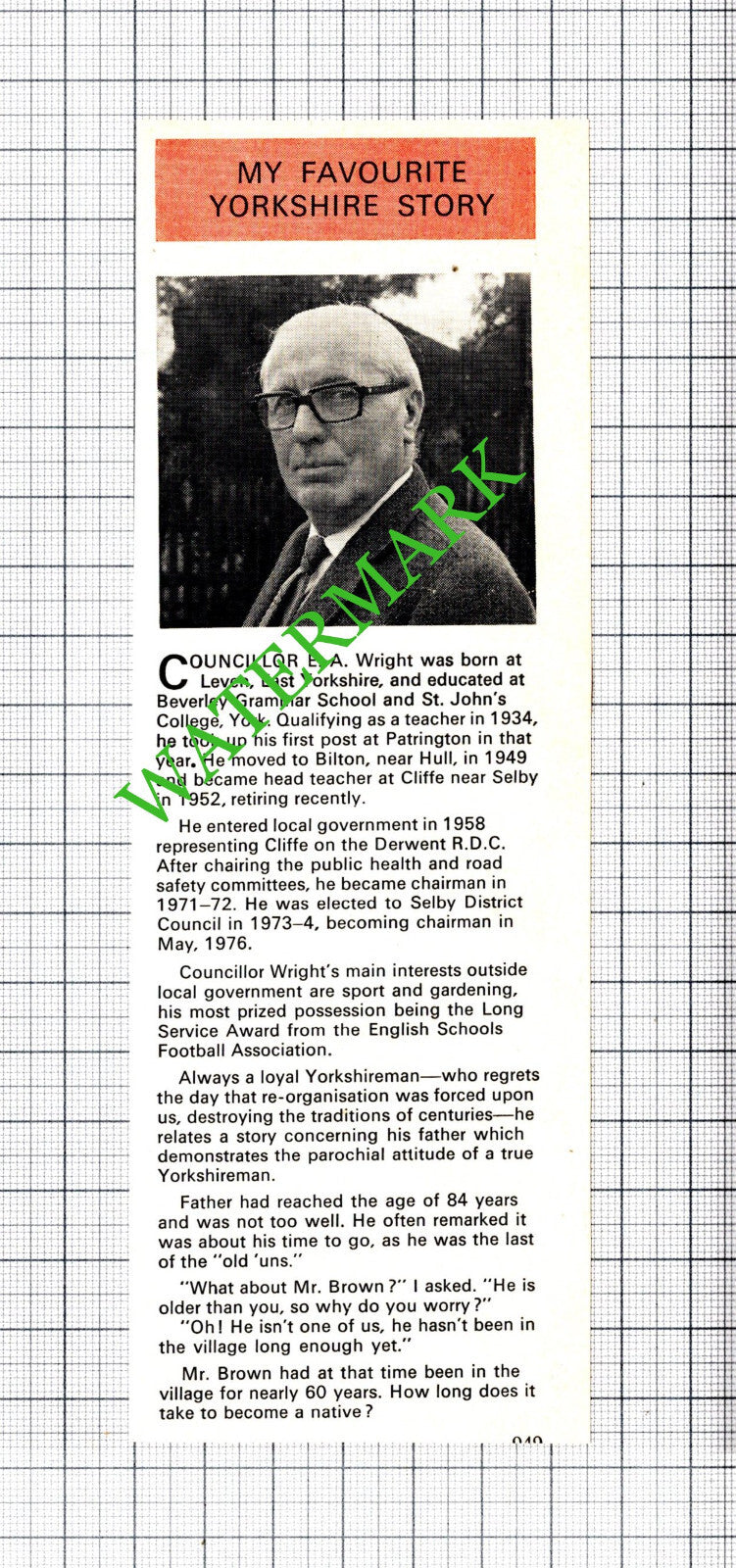 Councillor E A Wright Leven East Yorkshire Cliffe Selby - 1977 Cutting