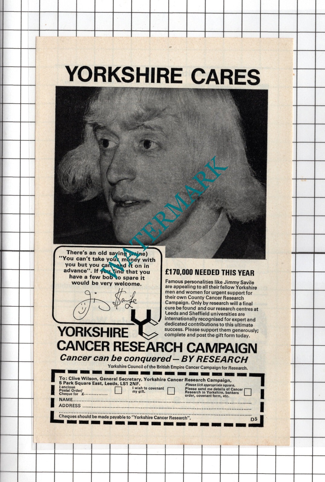Yorkshire Cancer Research Savile Small Advert - 1974 Cutting