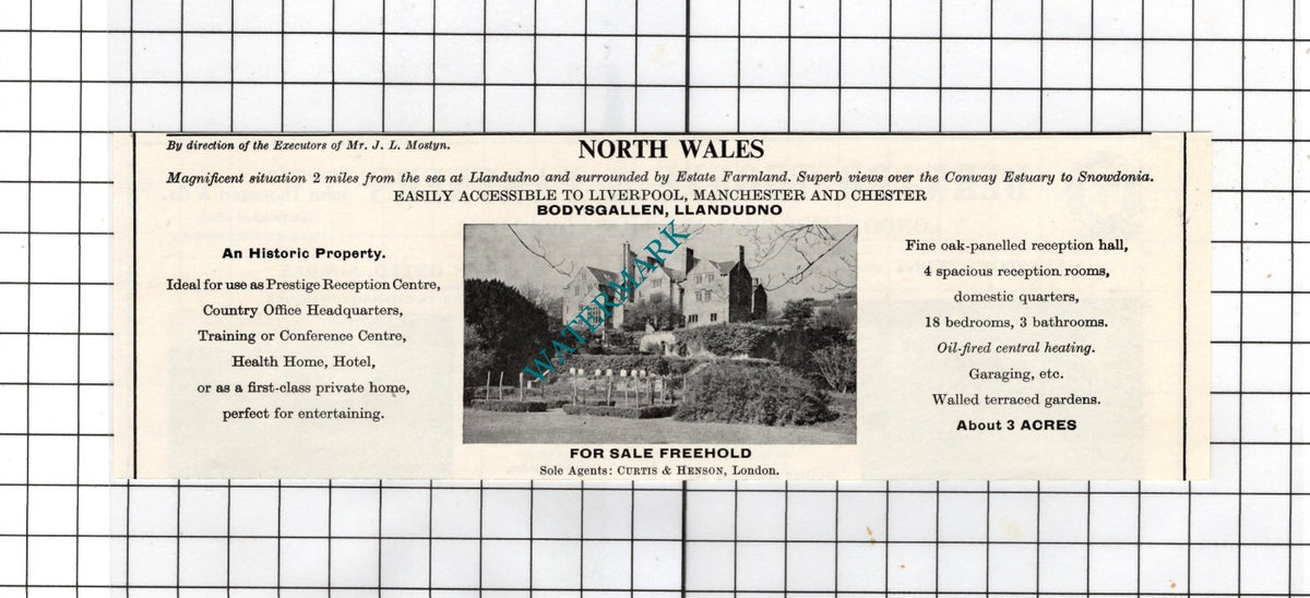 Bodysgallen Llandudno Wales Mr J L Mostyn -   1967 House Sale Advert