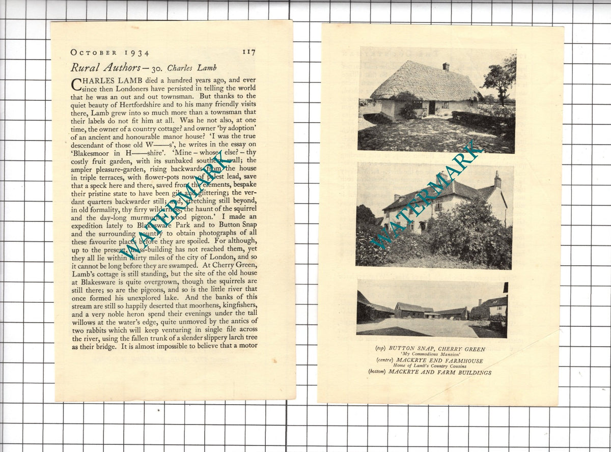 Charles Lamb Author Button Snap Cherry Green Hertfordshire - 1934 Small Article