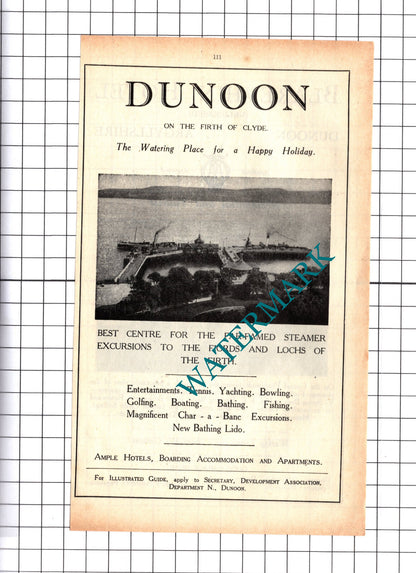 Blarevhin Hotel Dunoon Munro / Dunoon Holiday Advert - 1939 Cutting