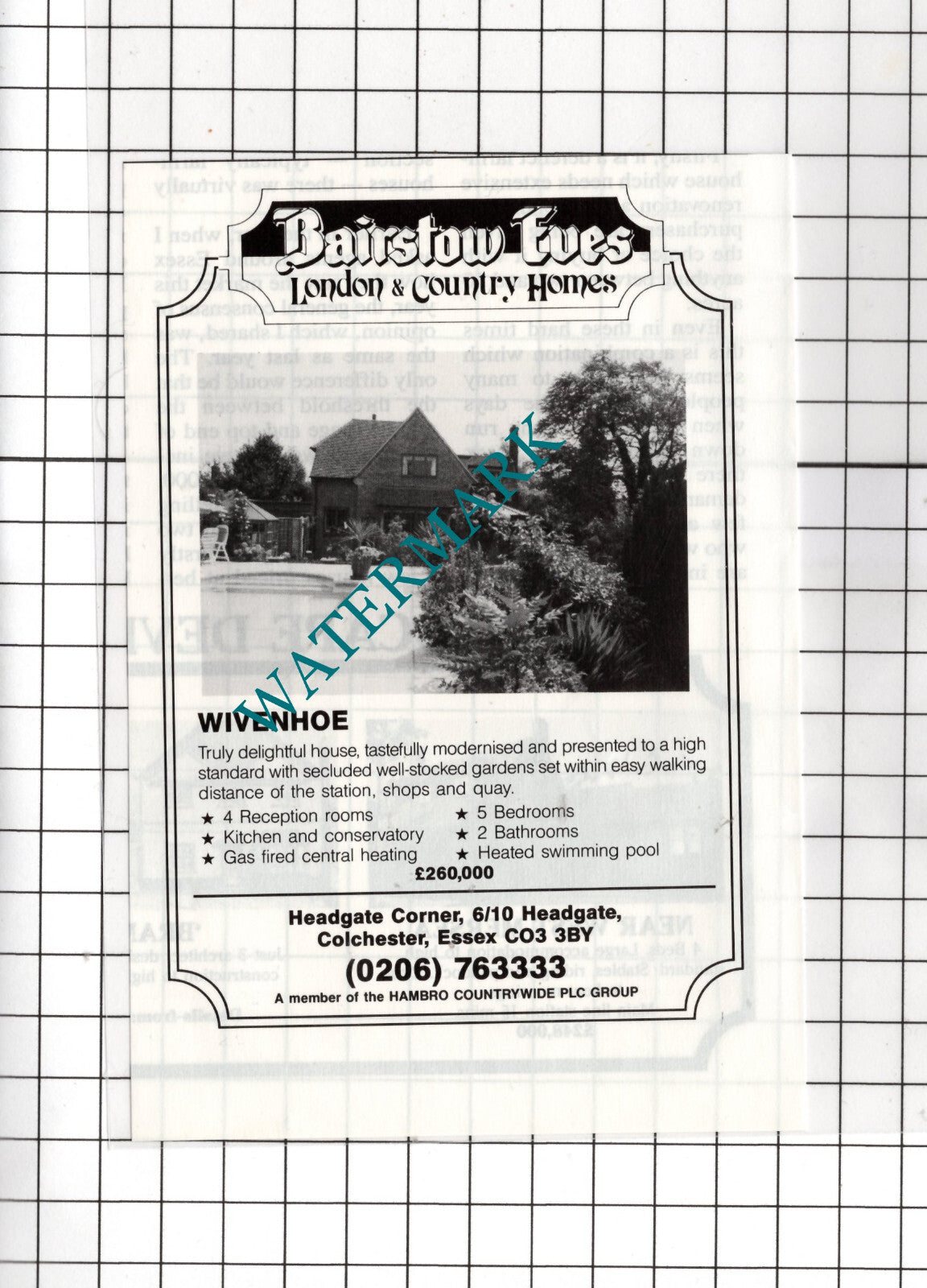 Wivenhoe Essex House Sale Advert - 1990 Cutting