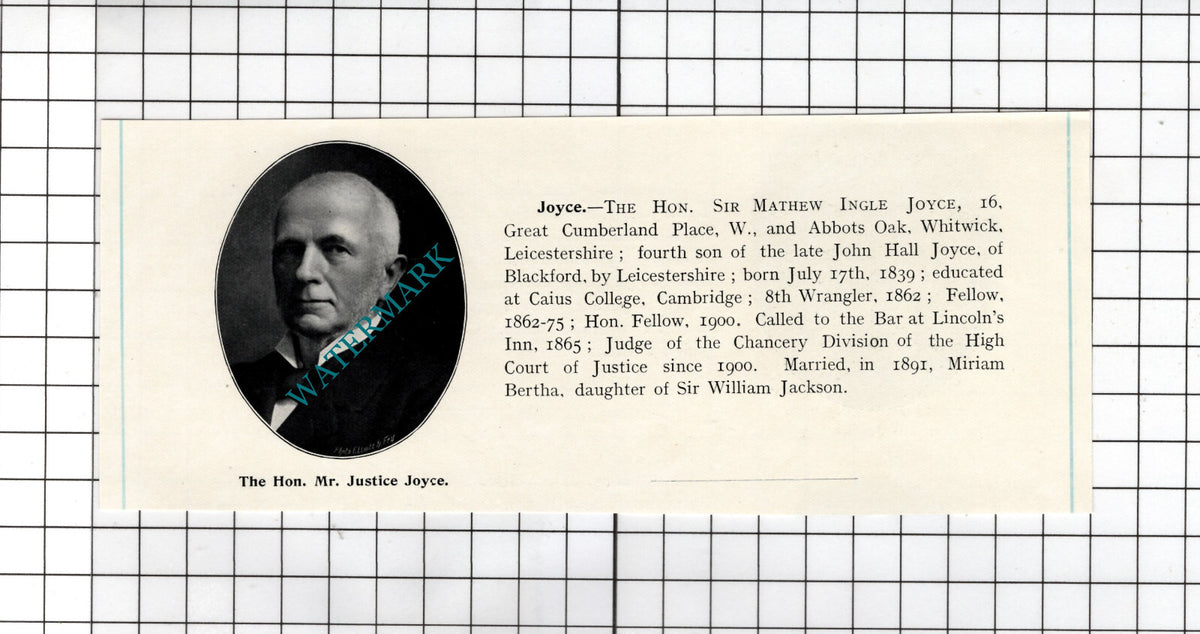 The Hon Sir Mathew Ingle Joyce Abbots Oak Whitwick Leics  - 1905 Clipping