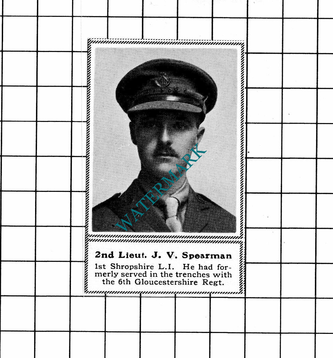 2nd Lt J V Spearman 1st Shropshire LI  WW1  - c.1918 SMALL Clipping / Print