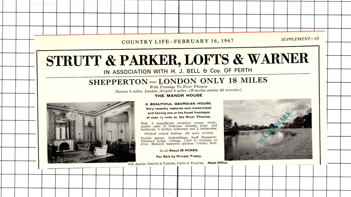 The Manor House Shepperton Surrey House Sale Advert  - 1967 Cutting