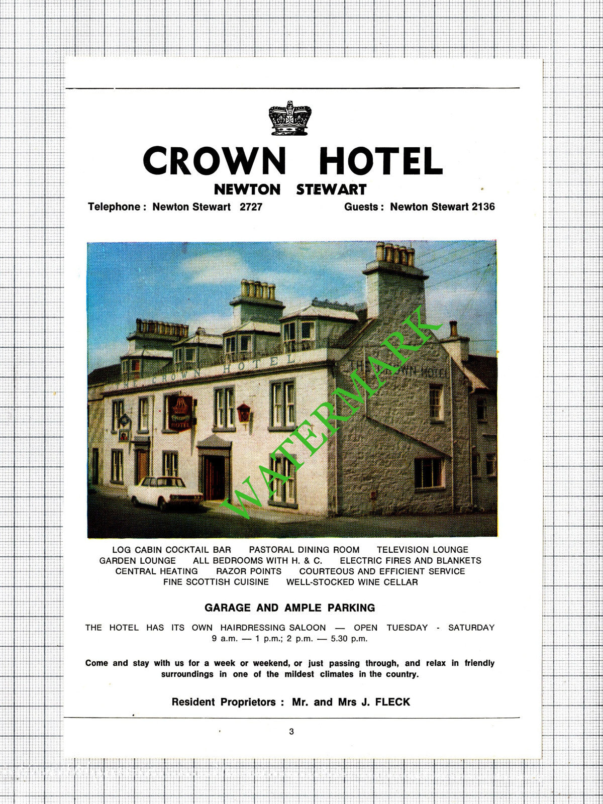 Crown Hotel Newton Stewart J Fleck Advert - c.1975 Cutting
