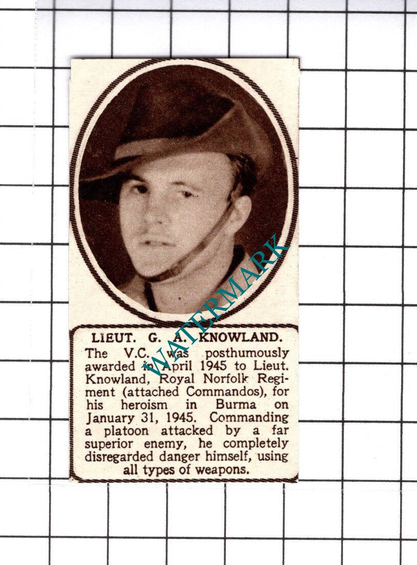 Lt G A Knowland Royal Norfolk Regiment  Burma WW2  -  1945 SMALL Cutting