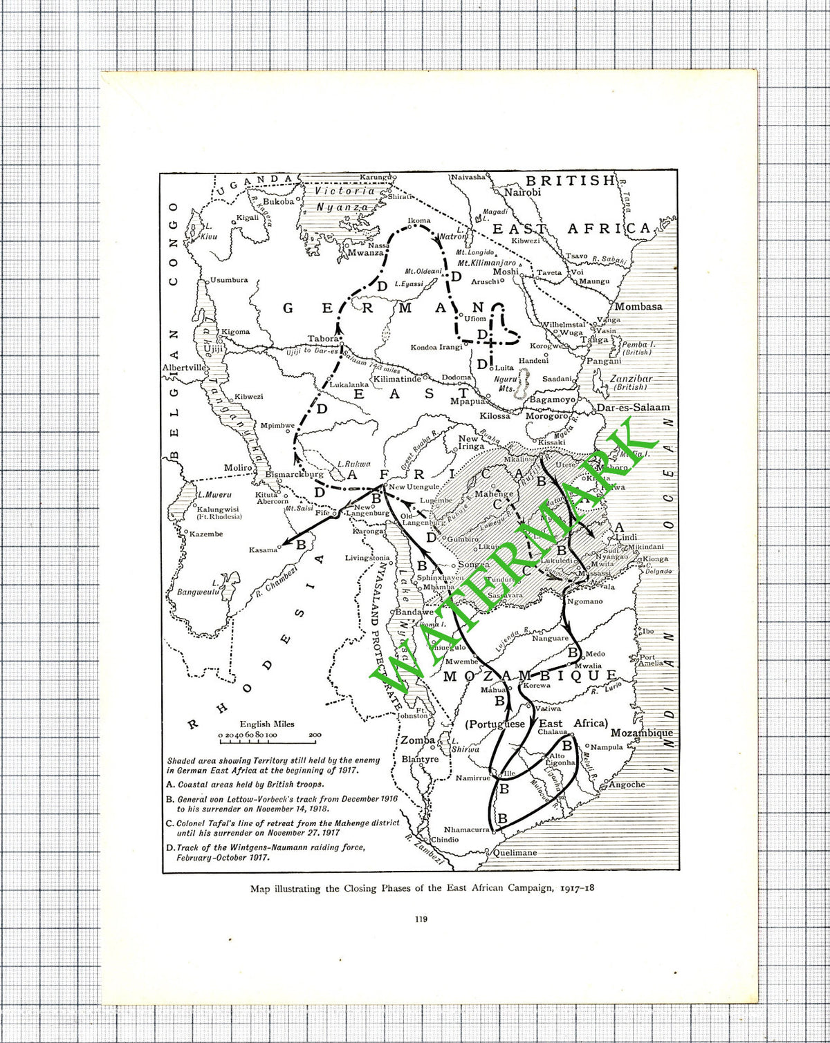 East African Campaign  Map  WW1 Great War - c.1920 Cutting