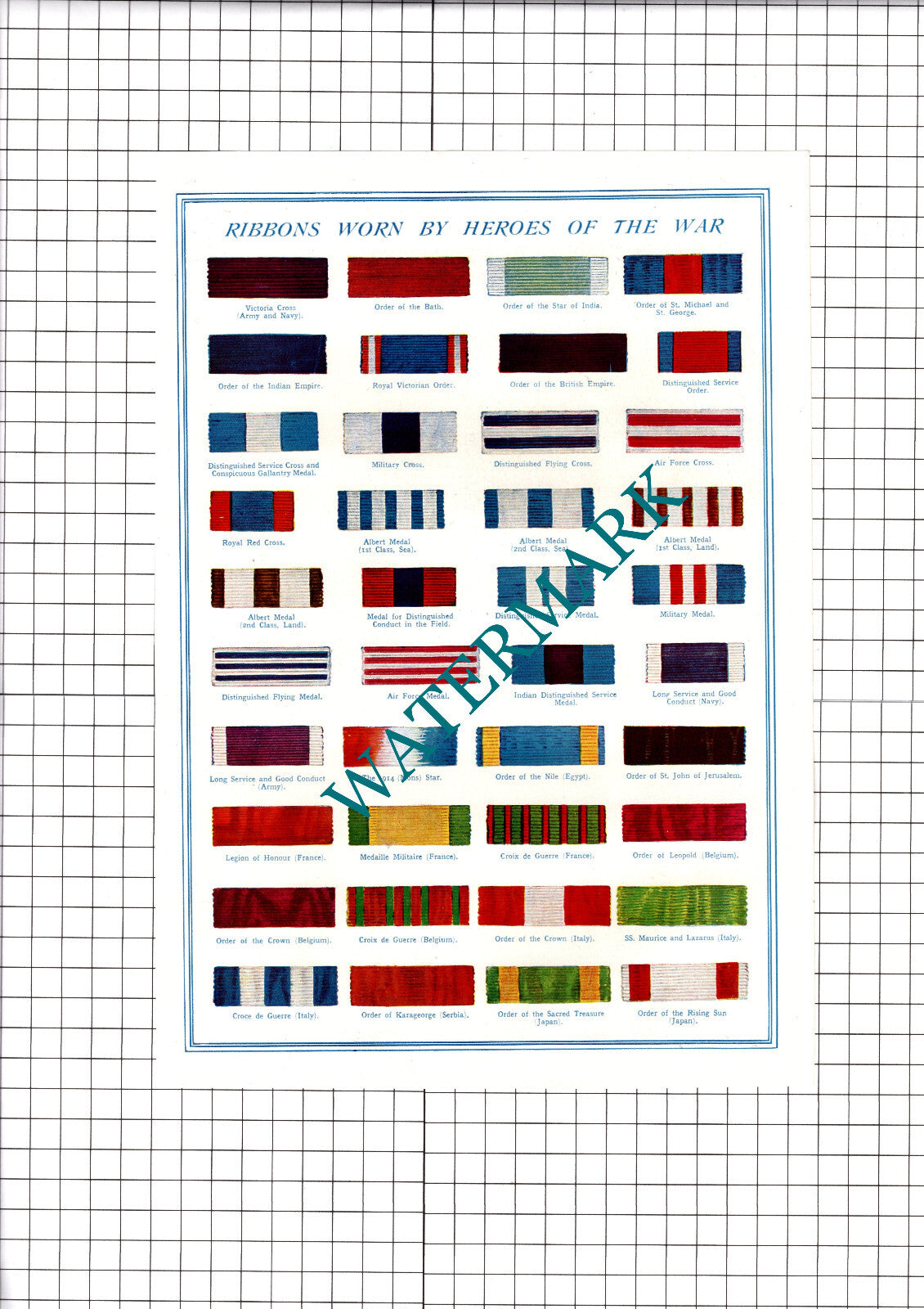 Ribbons Worn By Heroes Of The Great War WW1 - c.1918 PRINT