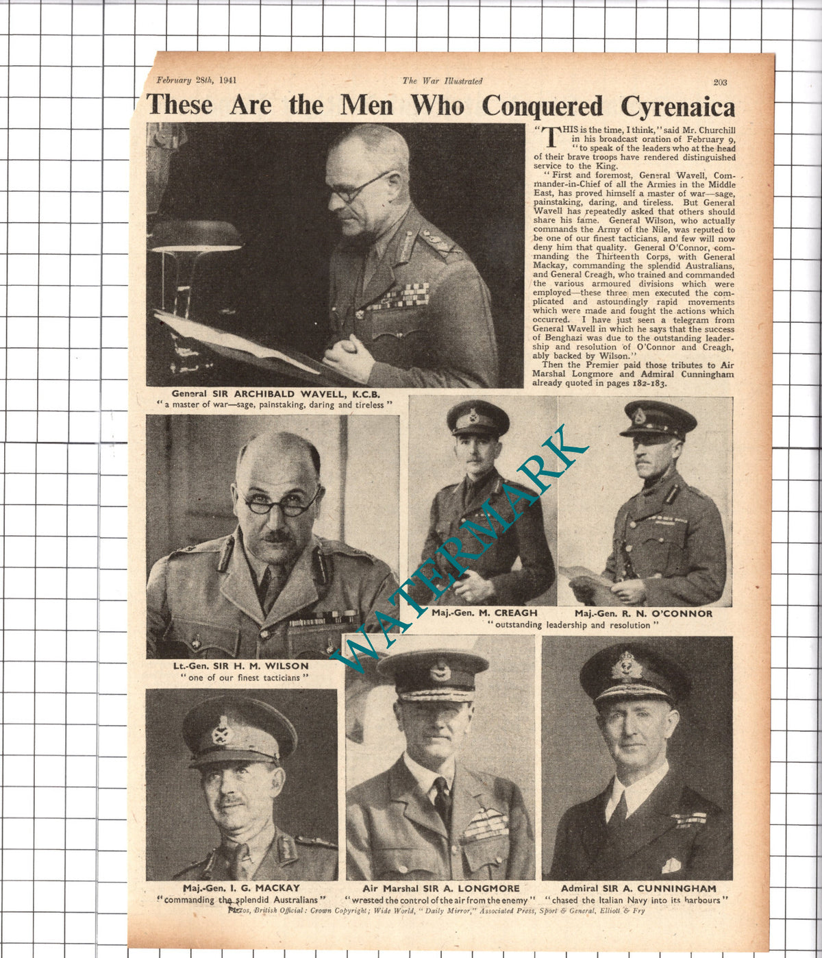 Sir Archibald Wavell Creagh Longmore Sir A Cunningham WW2 - 1941 Cutting / Print
