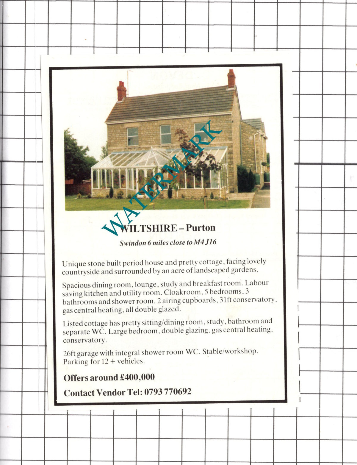 Purton Wiltshire House Sale Advert - 1990 Clipping / Print