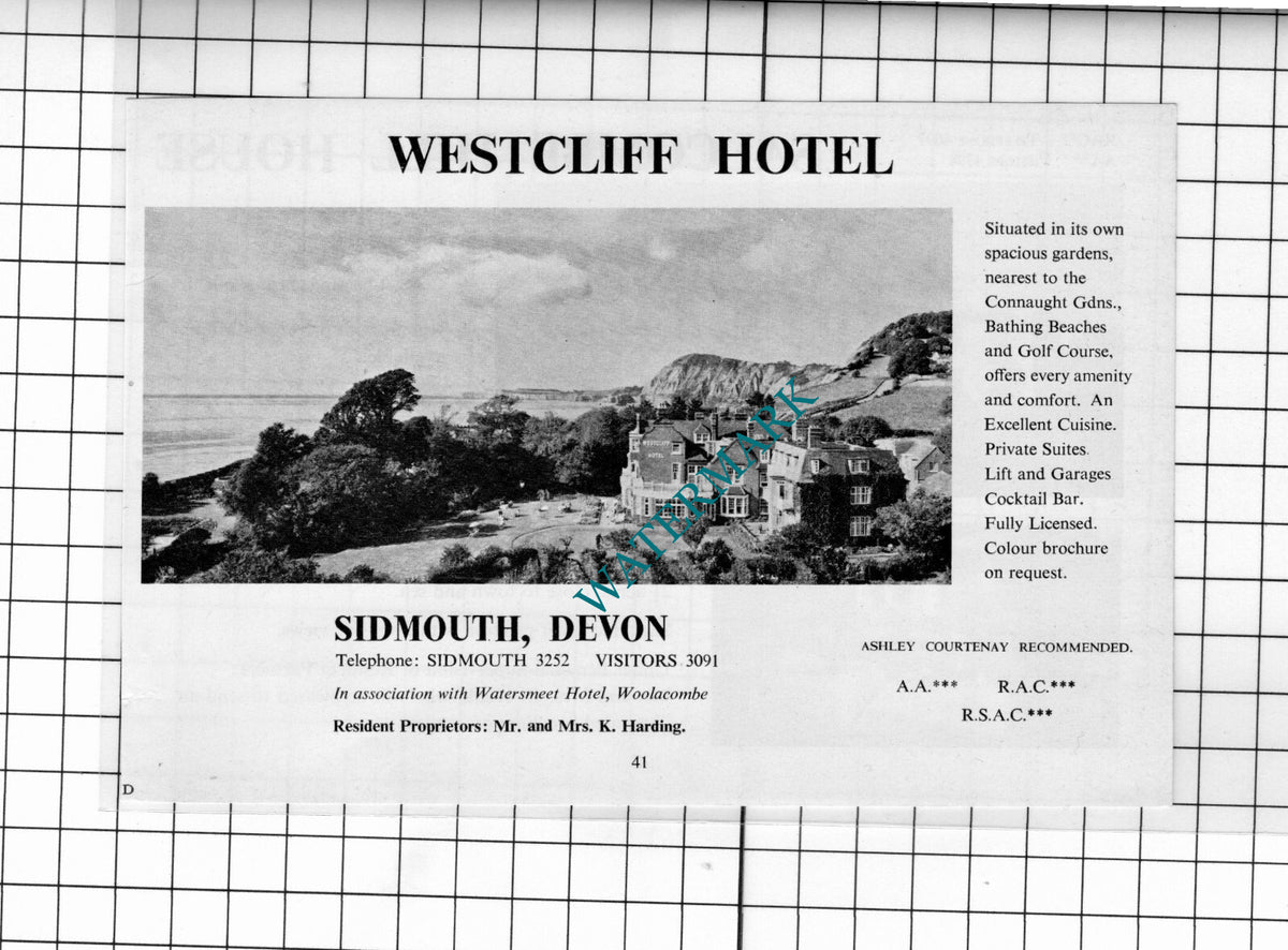Westcliff Hotel  Sidmouth Devon Mr & Mrs K Harding - 1968 Advert