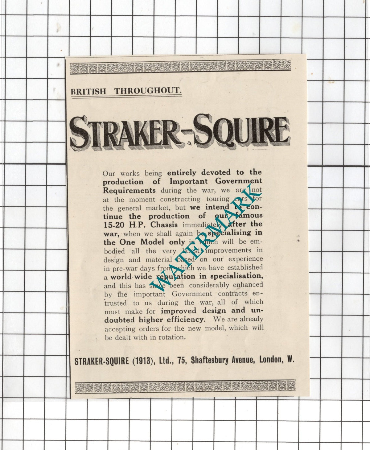 Straker-Squire Ltd London Small Advert - 1916