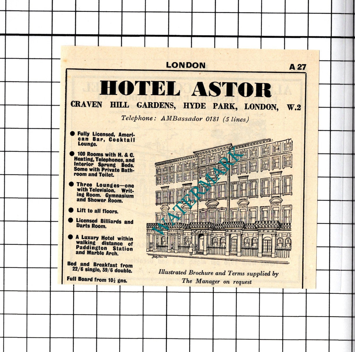 Alexander Court Hotel London / Hotel Astor Hyde Park Small Advert -1958 Cutting
