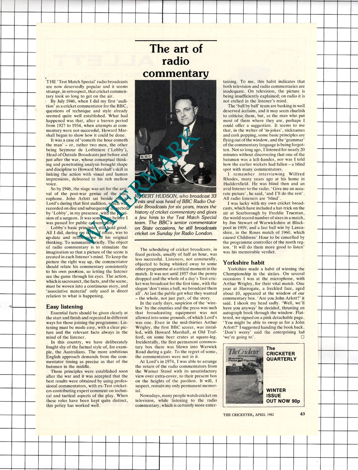 Robert Hudson Sports Commentator  - 1982 Article