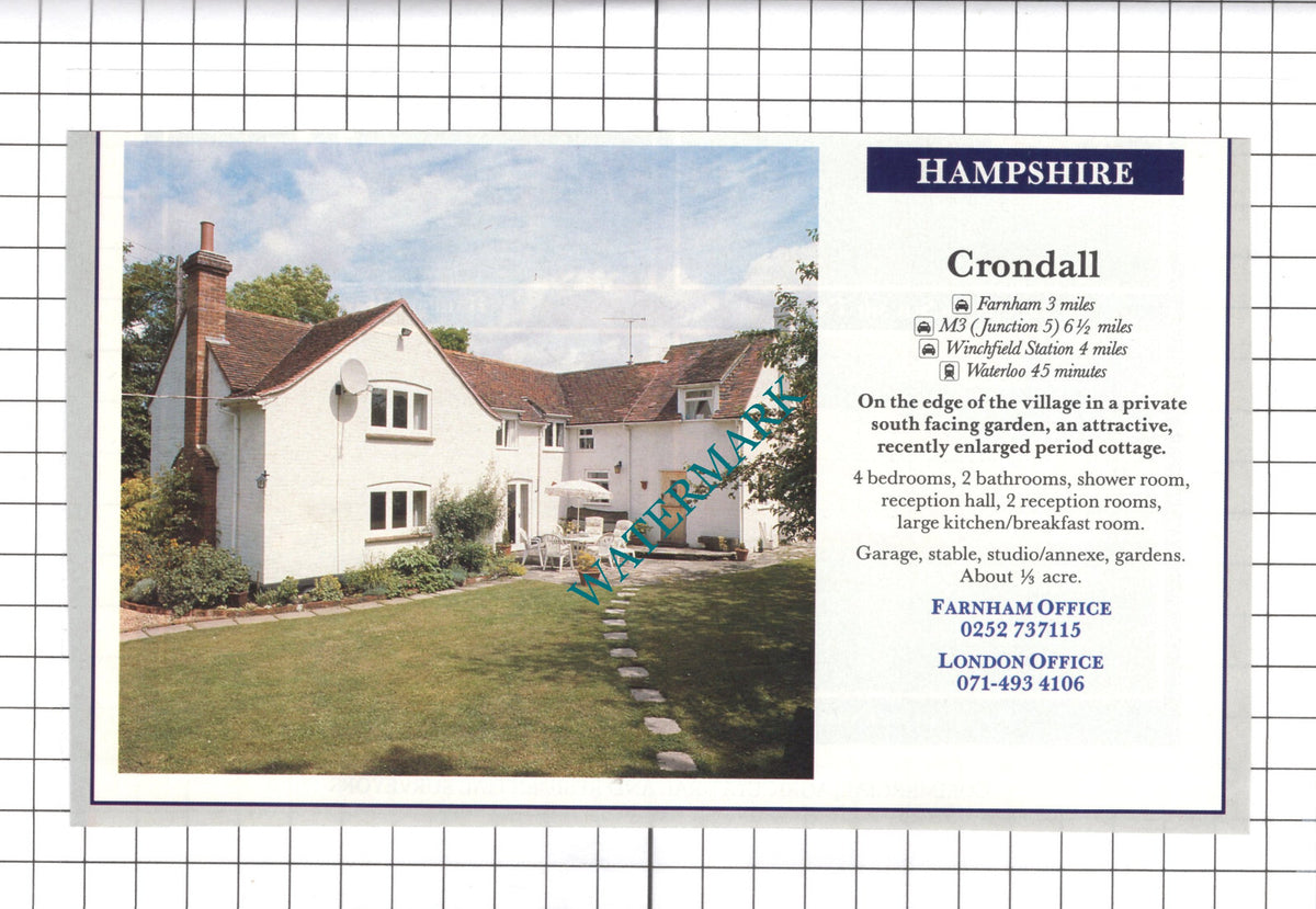 Crondall Hampshire House Sale Advert - 1991 Clipping / Print