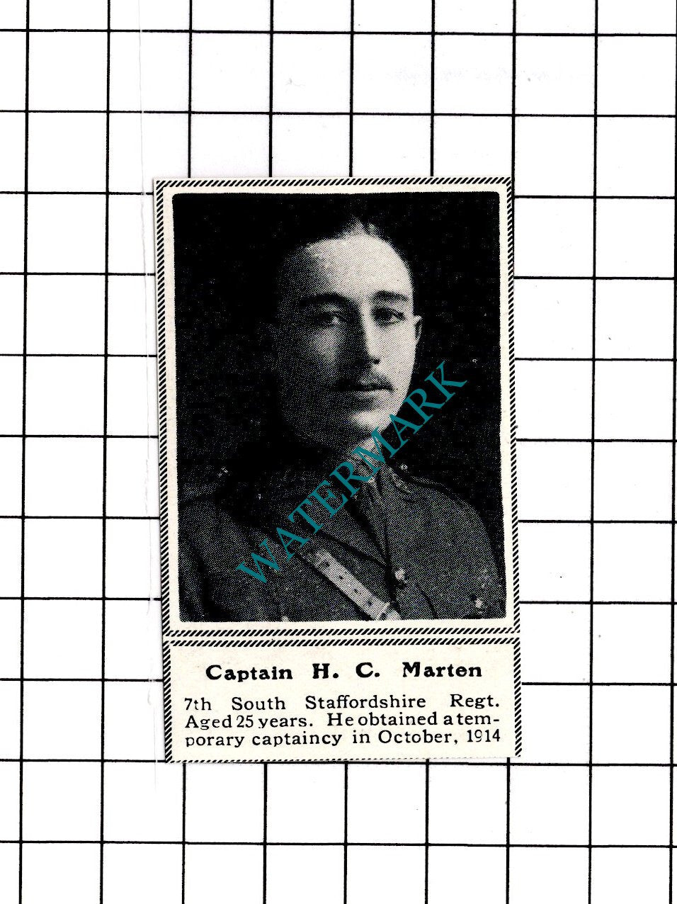 Captain H C Marten 7th South Staffordshire  WW1  - c.1918 SMALL Clipping / Print