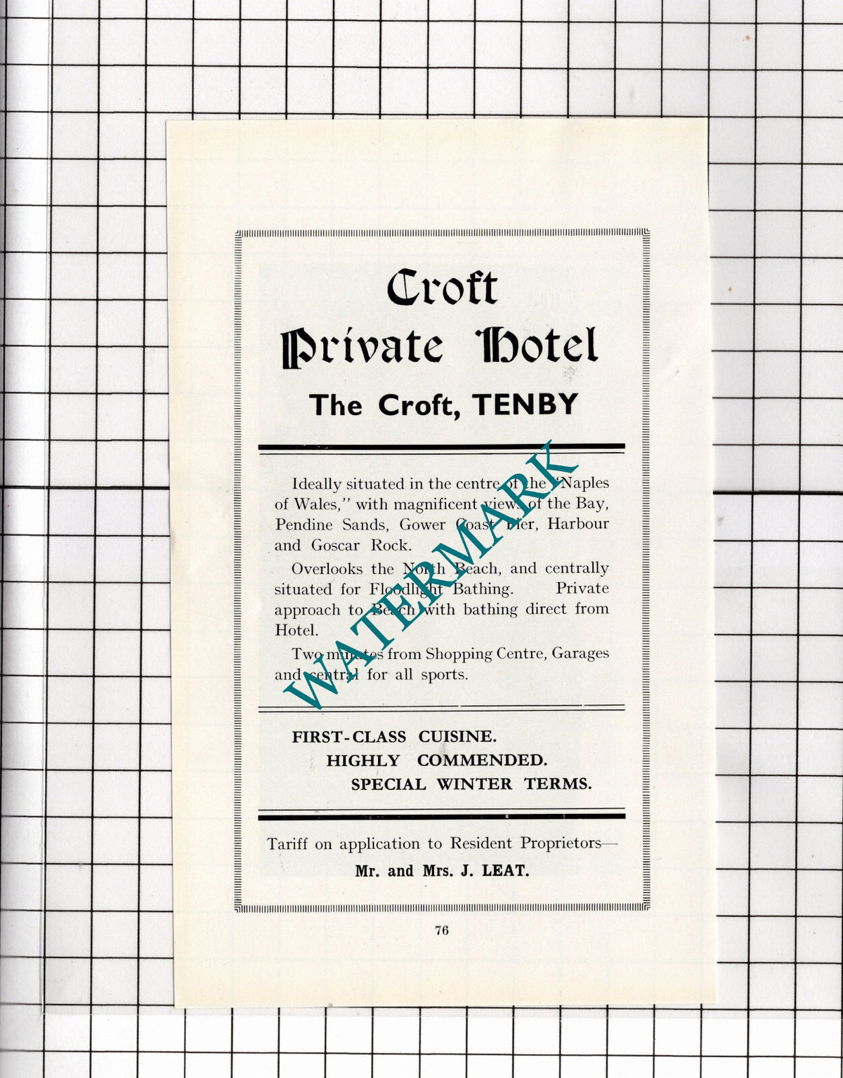 Croft Hotel The Croft Tenby Wales  Mr J Leat Small ADVERT  -  1936 Clipping