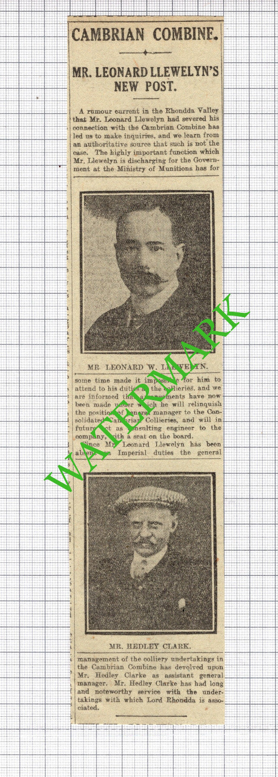 Mr Leonard W  Llewelyn Cambrian Combine Hedley Clarke -  1916 News Cutting