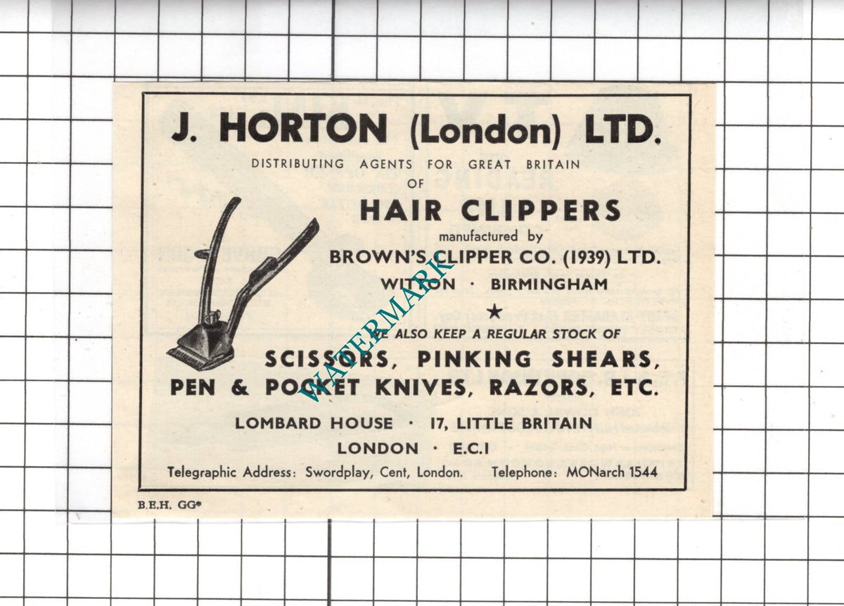 J Horton London Ltd Lombard House London Hair Clippers   - 1954 Small Advert