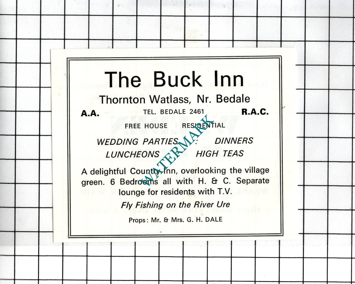The Buck Inn Thornton Watlass / W Eden 27 Emgate Bedale  -c.1968 Small Advert