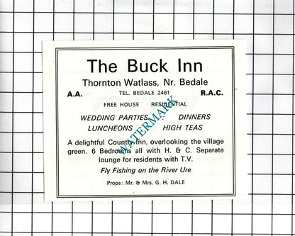 The Buck Inn Thornton Watlass / W Eden 27 Emgate Bedale  -c.1968 Small Advert
