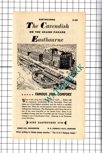 Chatsworth Hotel Eastbourne Basil Hornsby / The Cavendish Advert - 1958 Cutting