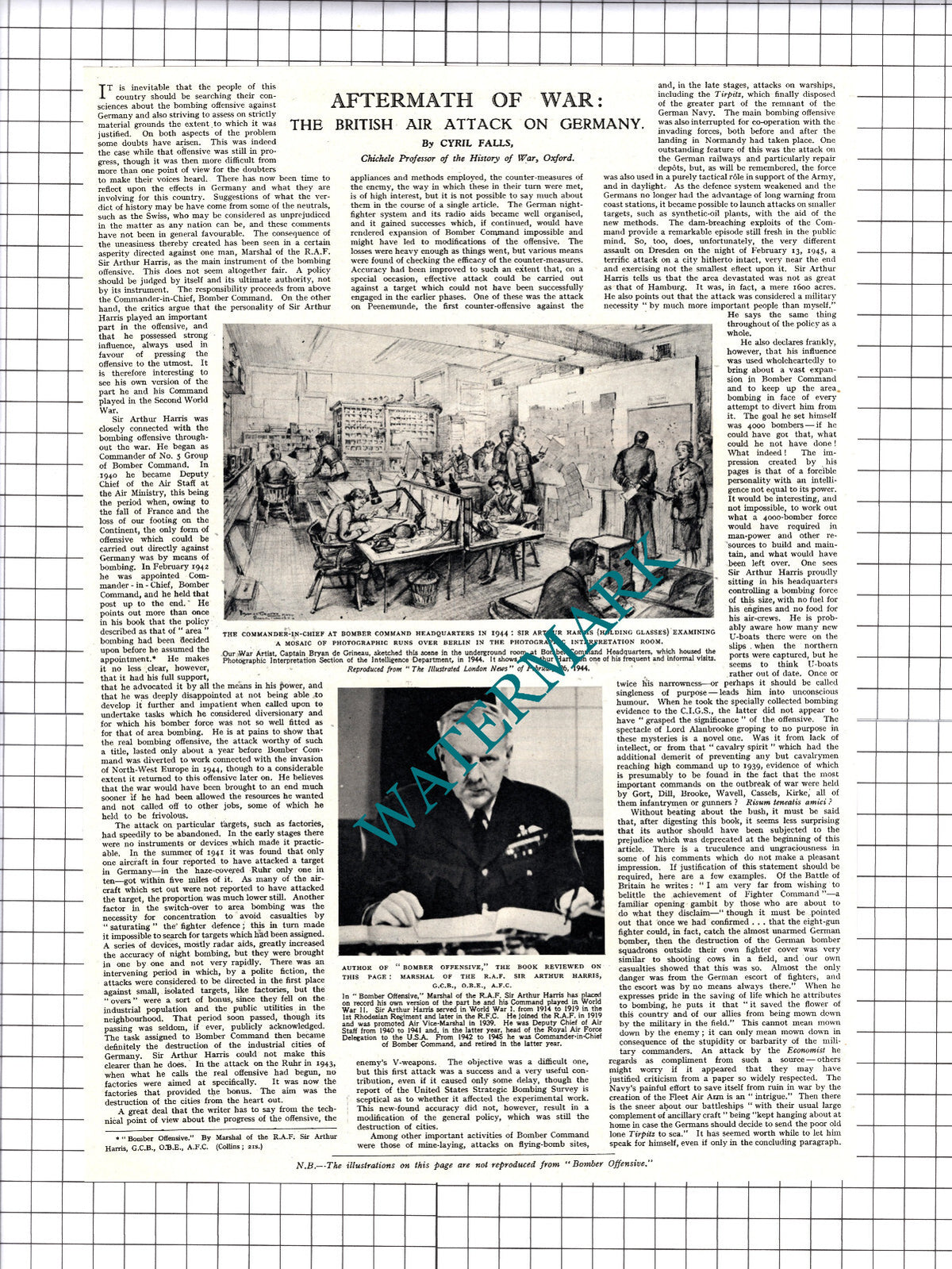 Sir Arthur Harris RAF Marshal World War Two Bomber Command  1947 Cutting / Print