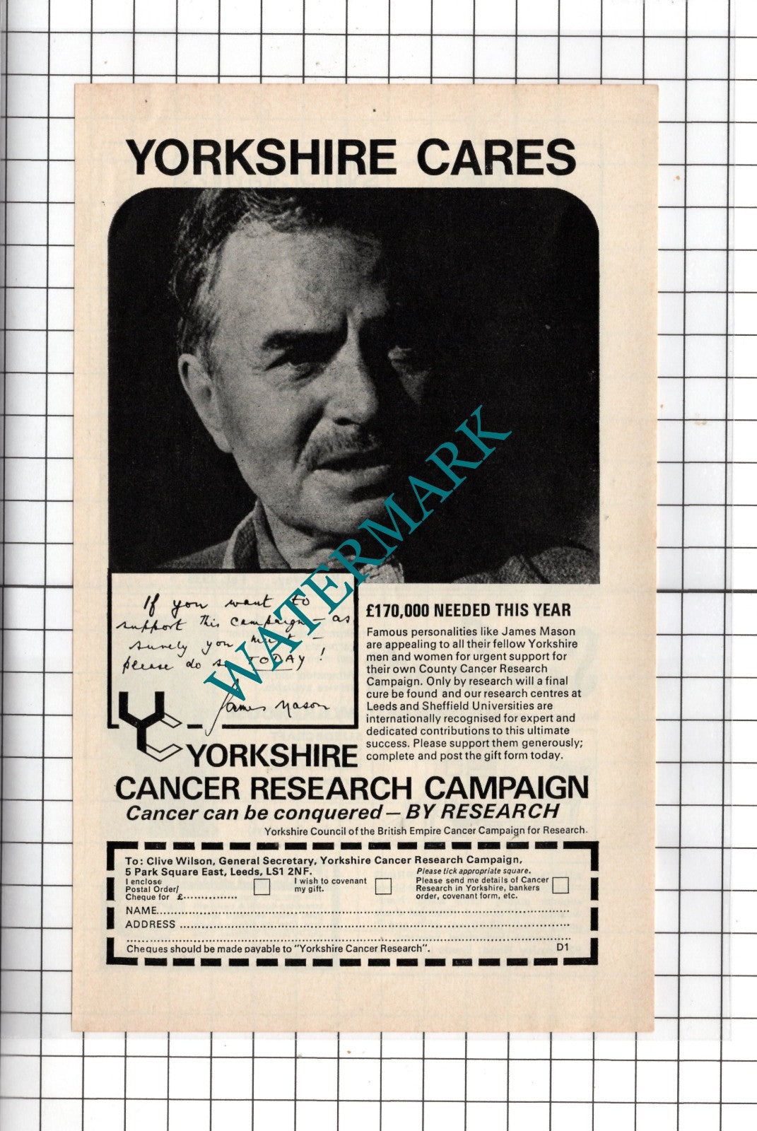 Yorkshire Cancer Research Campaign James Mason -  1972 Advert