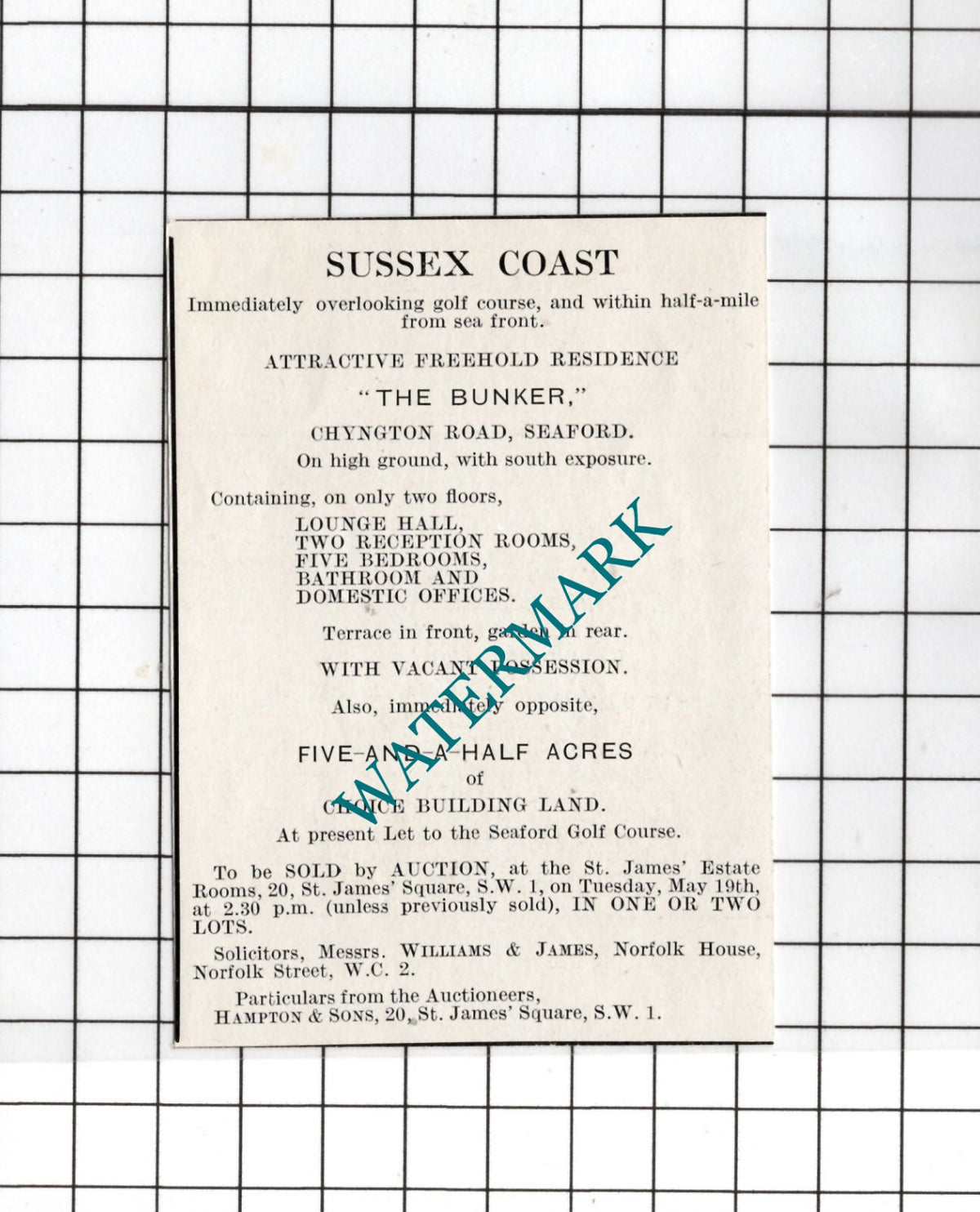 The Bunker Chyngton Road Seaford  Sussex - 1925 Small  House Sale  Advert