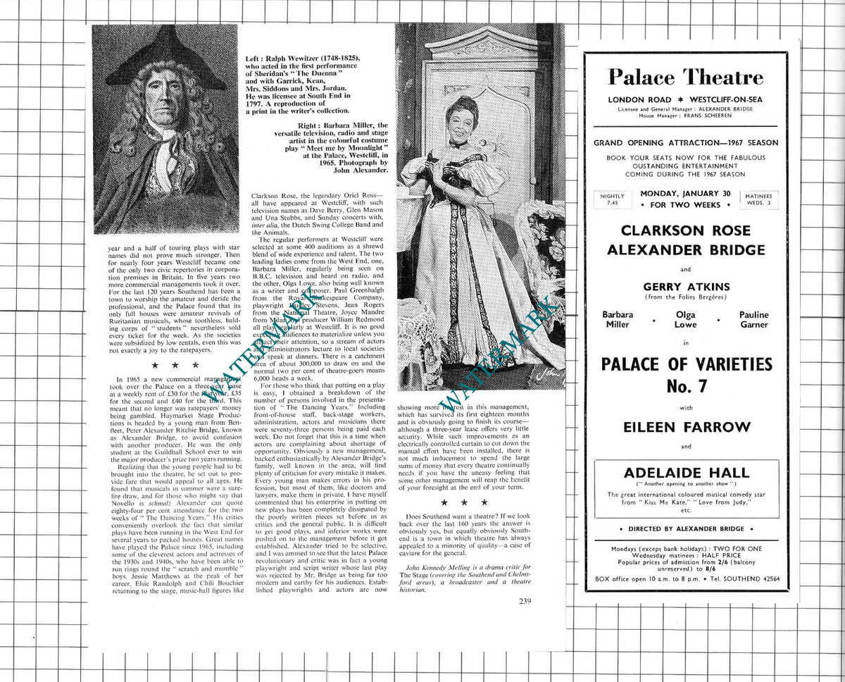 Palace Theatre Westcliff-on-Sea  Essex  Alexander Bridge - 1967 Article & Advert