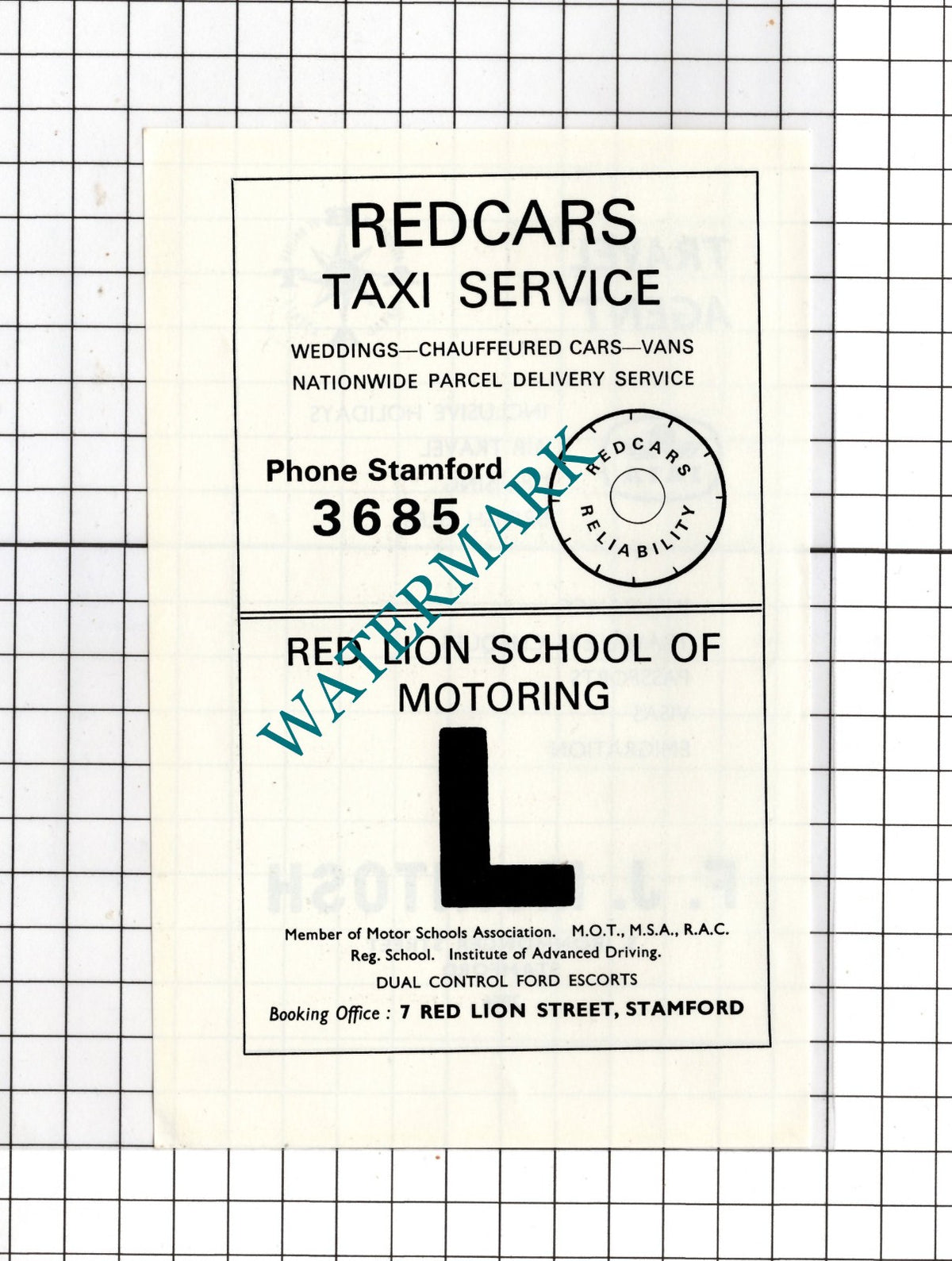 F J McIntosh Travel Agent Stamford Redcars Taxi  Red Lion Driving - c1974 Advert