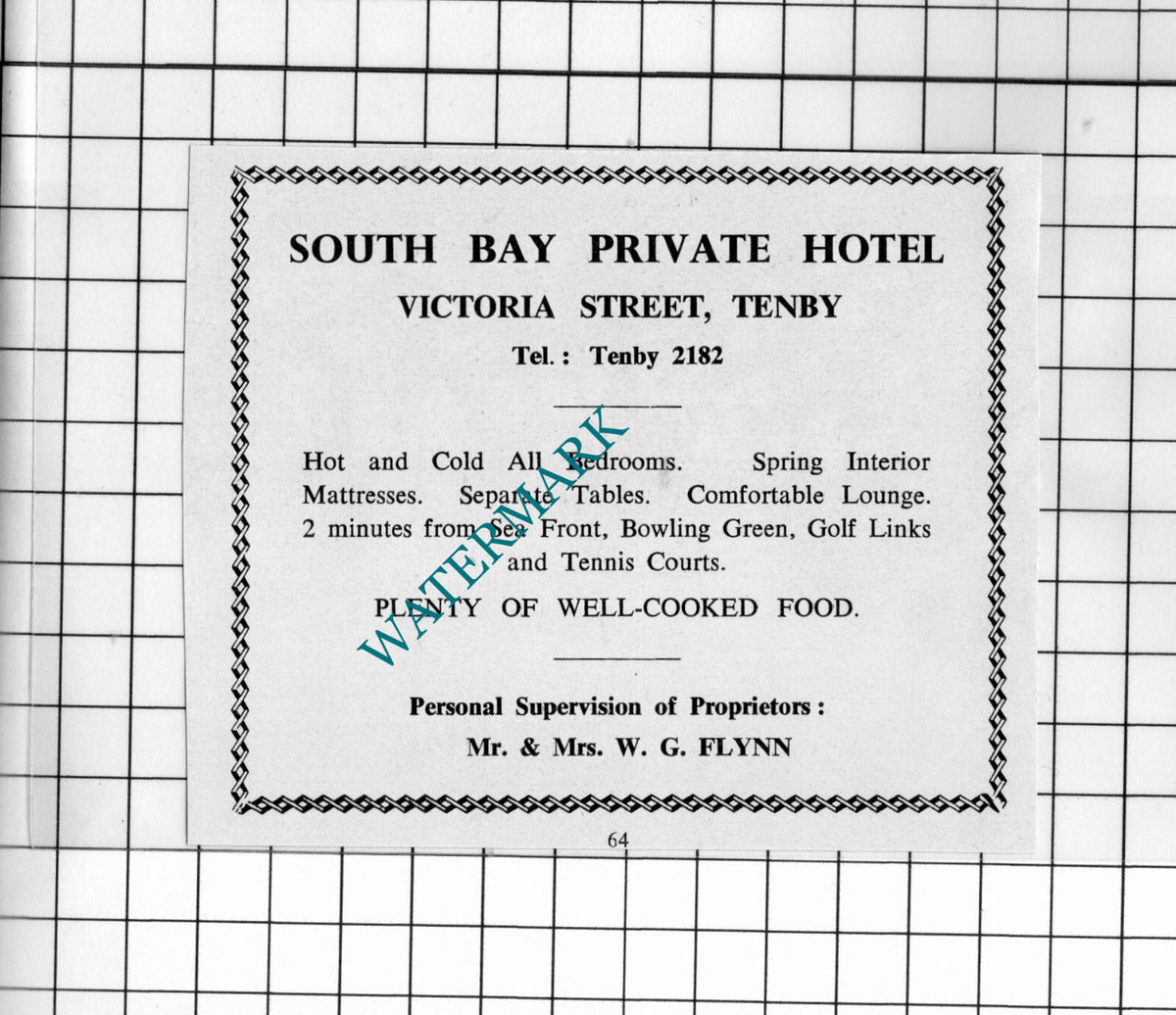 South Bay Hotel Tenby Mr & Mrs WG Flynn Small Advert - 1962 Cutting