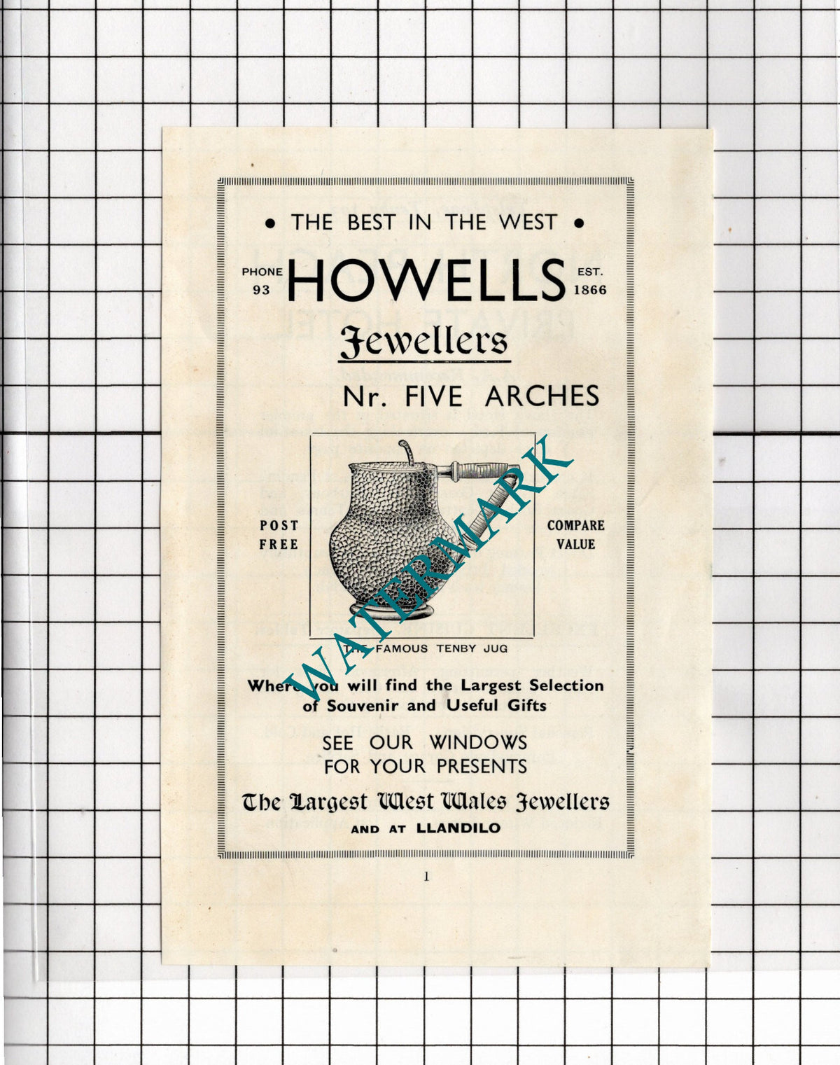Howells Jewellers Tenby Wales / North Beach Hotel Tenby - 1936 Small Advert