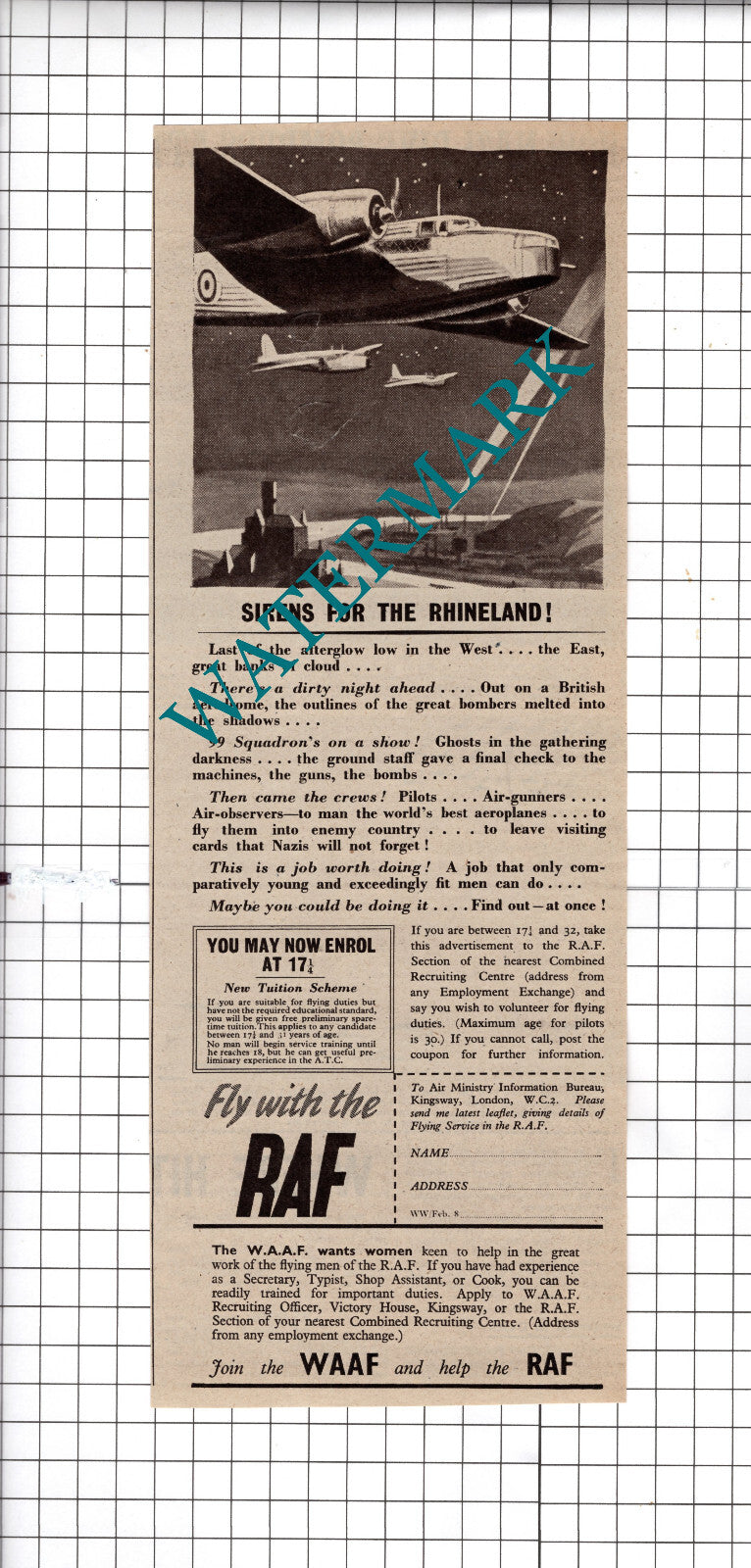 RAF  / WAAF  Recruitment Advert WW2 World War Two  - 1940's Clipping