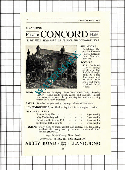 Concord Hotel Llandudno Dan Dawson / Empire Hotel Advert - 1953 Clipping