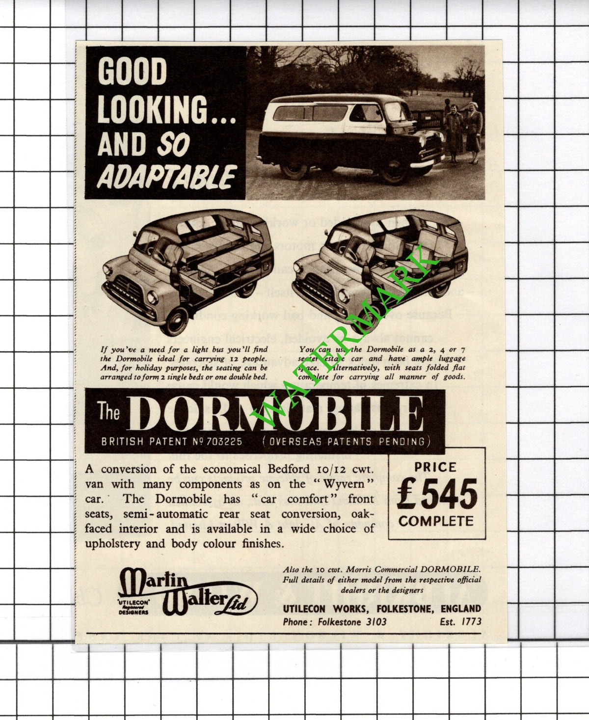 Dormobile Advert  -  1954 Cutting